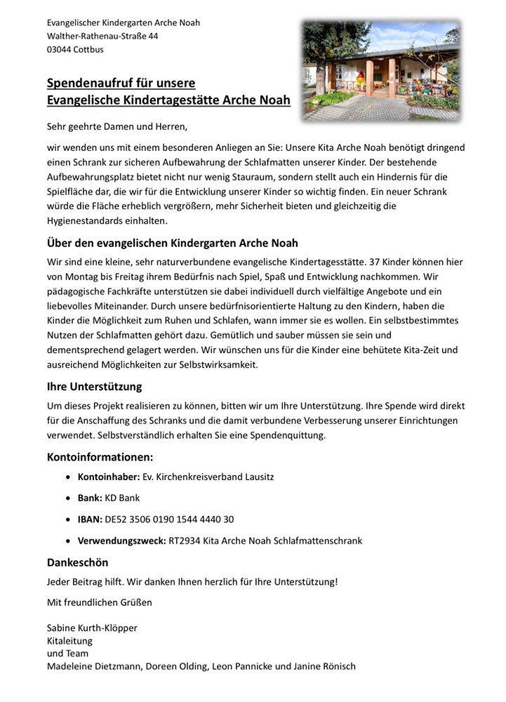 Plakat zum Spendenaufruf der Kita Arche Noah in Cottbus